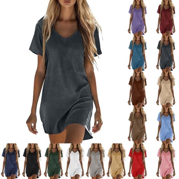 Summer Dresses for Women Solid Short Sleeved V-neck Linen Casual Dresses for Women And Comfortable Plus Size Dresses With Pocket, Dark Gray-S