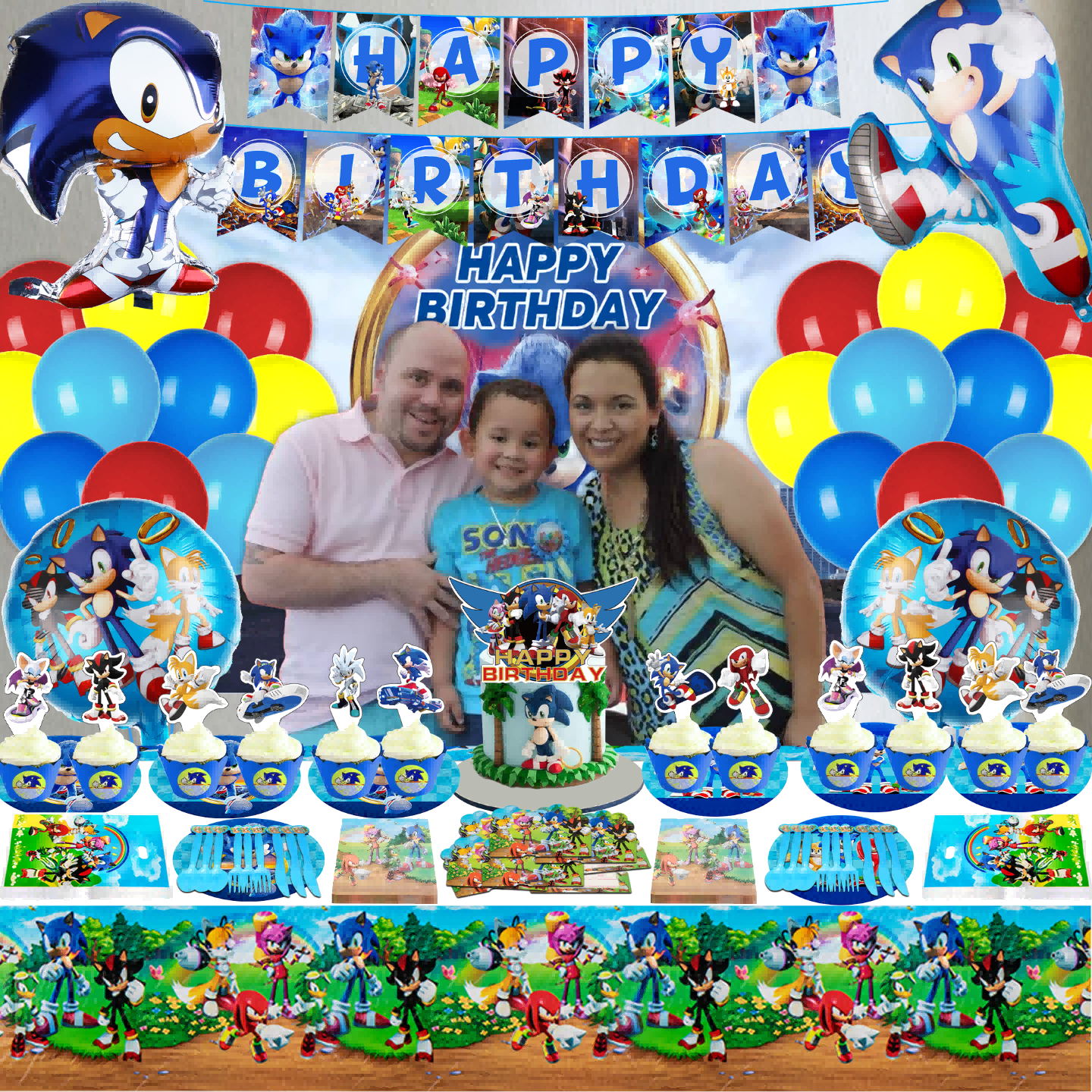 186pcs Sonic Birthday Party Supplies, Sonic Party Decorations, Includes  Sonic Theme Banner,Tablecloth,Plates,Napkins,Knives,Forks,Spoons,Cake
