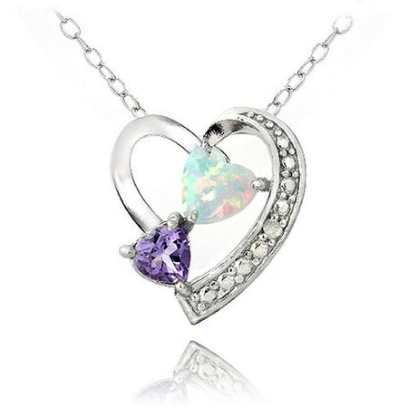 Diamond Accent Amethyst and Created White Opal Sterling Silver Triple Heart Necklace, 18