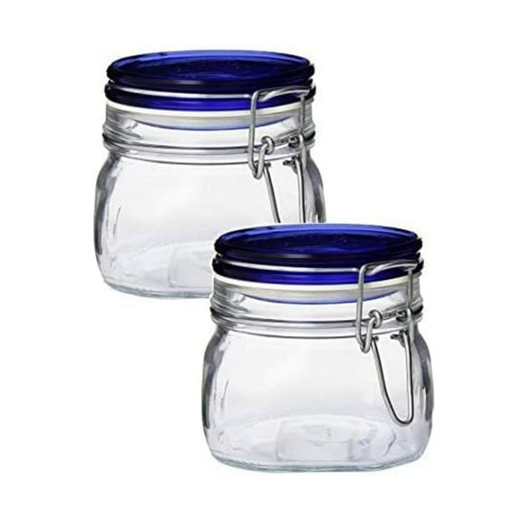 Bormioli Rocco Fido Jar, Set of 2 – 17.5 oz Blue‑Lid Airtight Glass Jars for Preserving & Serving Jam, Marmalade, Desserts, Sauces, Dry Foods