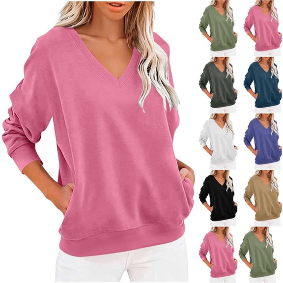 V-Neck Sweatshirt Women Fleece Pullover with Side Pockets Lightweight Casual Loose Solid Color Long Sleeve Fall Sweatshirt No Hood Pinky S