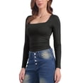 thumbnail image 4 of Women's Square Neck Tops Long Sleeve Shirred Fitted Stretch Casual Basic Blouse S Black, 4 of 6
