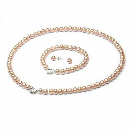 8-9mm Pink Freshwater Pearl Heart-Shape Sterling Silver Necklace (18), Bracelet (7) Set with Bonus Pearl Stud Earrings