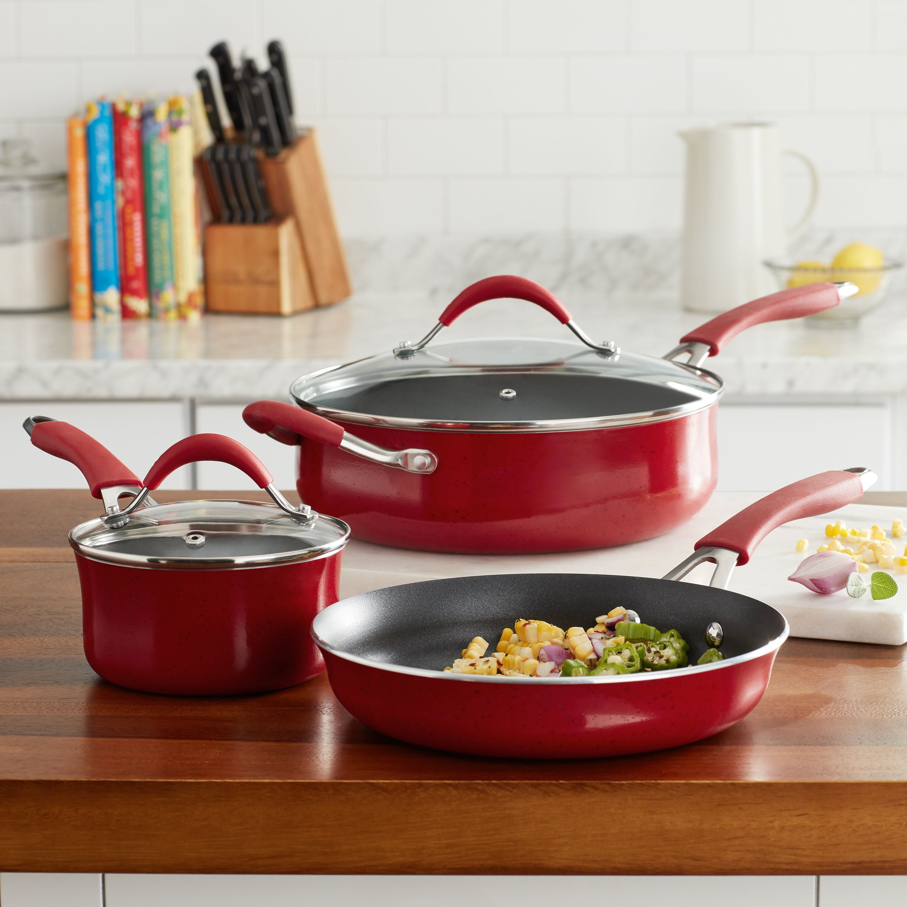 The Pioneer Woman Frontier Speckle 25 Piece Nonstick Cookware Combo Set Red 