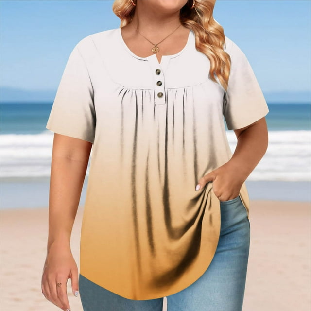 Hauts Grande Taille pour Femmes, T-Shirt Ombré Plissé, Blouse Décontractée Extensible à Manches Courtes, T-Shirt à Col Rond Confortable (心词:Hauts Grande Taille, T-Shirt Plissé)