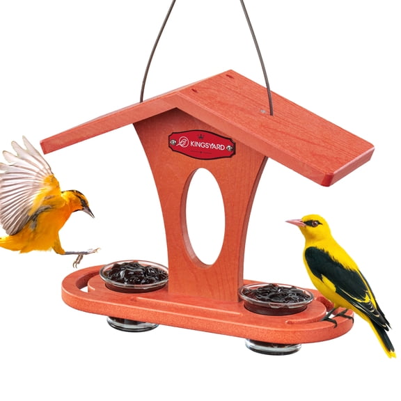 Kingsyard Bird Feeder for Outdoor Hanging, Plastic Oriole Jelly Feeder, Two Dishes, 5 oz, Orange