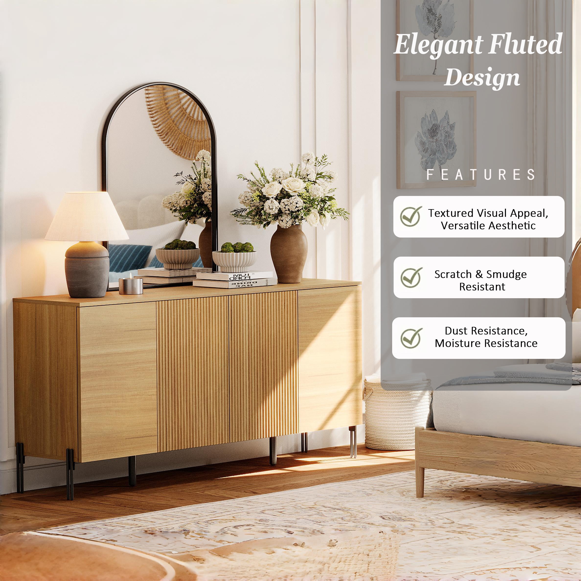 61" Minimalist 4-Door Sideboard With Rectangular Geometric Design And Double Chopstick Leg Base
