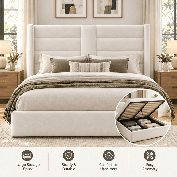 Frostbloom Queen Size Lift Up Hydraulic Storage Bed Frame Velvet Upholstered Wingback Headboard Off-White