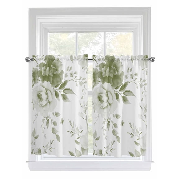 Tier Curtains 45 Inches Long, Sage Green Flower Window Treatment Curtain Drapes, Watercolor Gradient Retro Floral Small Curtain Drapes for Bathroom Laundry Room, 27.5"x45", 2 Panels