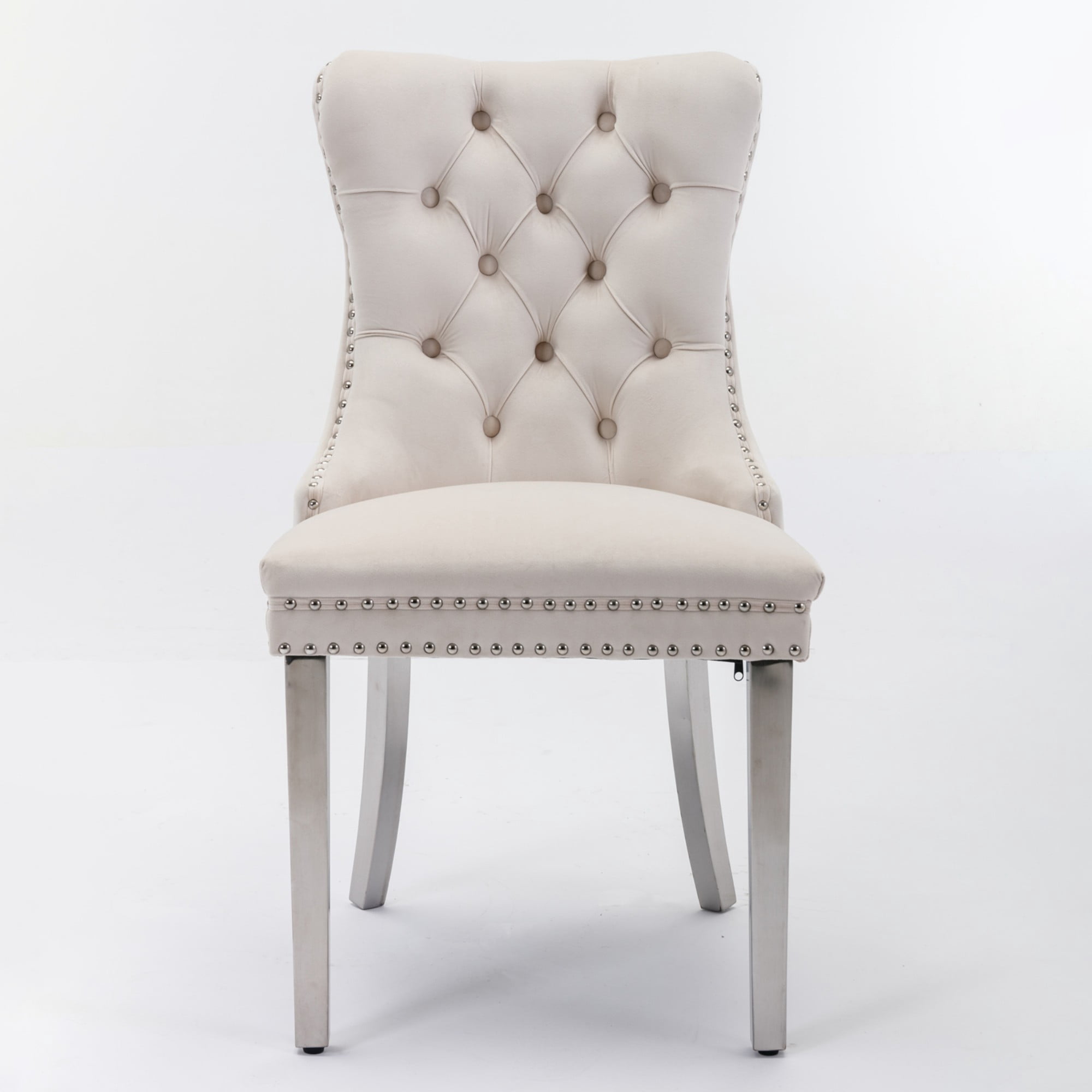 BSHTI 37.5" Velvet Upholstered Dining Room Chairs Set of 2, Modern Tufted Parson Chairs with Nailhead Trim, Foam Padded Seat for Dining Room/Kitchen(Beige)