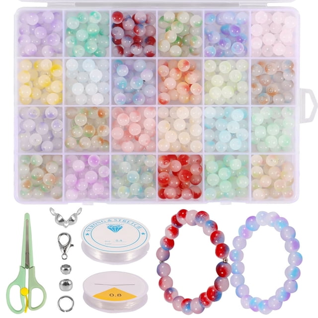 704Pcs Glass Beads Bracelets Kit 8mm 24 Color Small Craft Beads Glass Beads with Elastic String Bracelet Making Kit Crackle Glass Beads for DIY Bracelets Necklaces Double Color