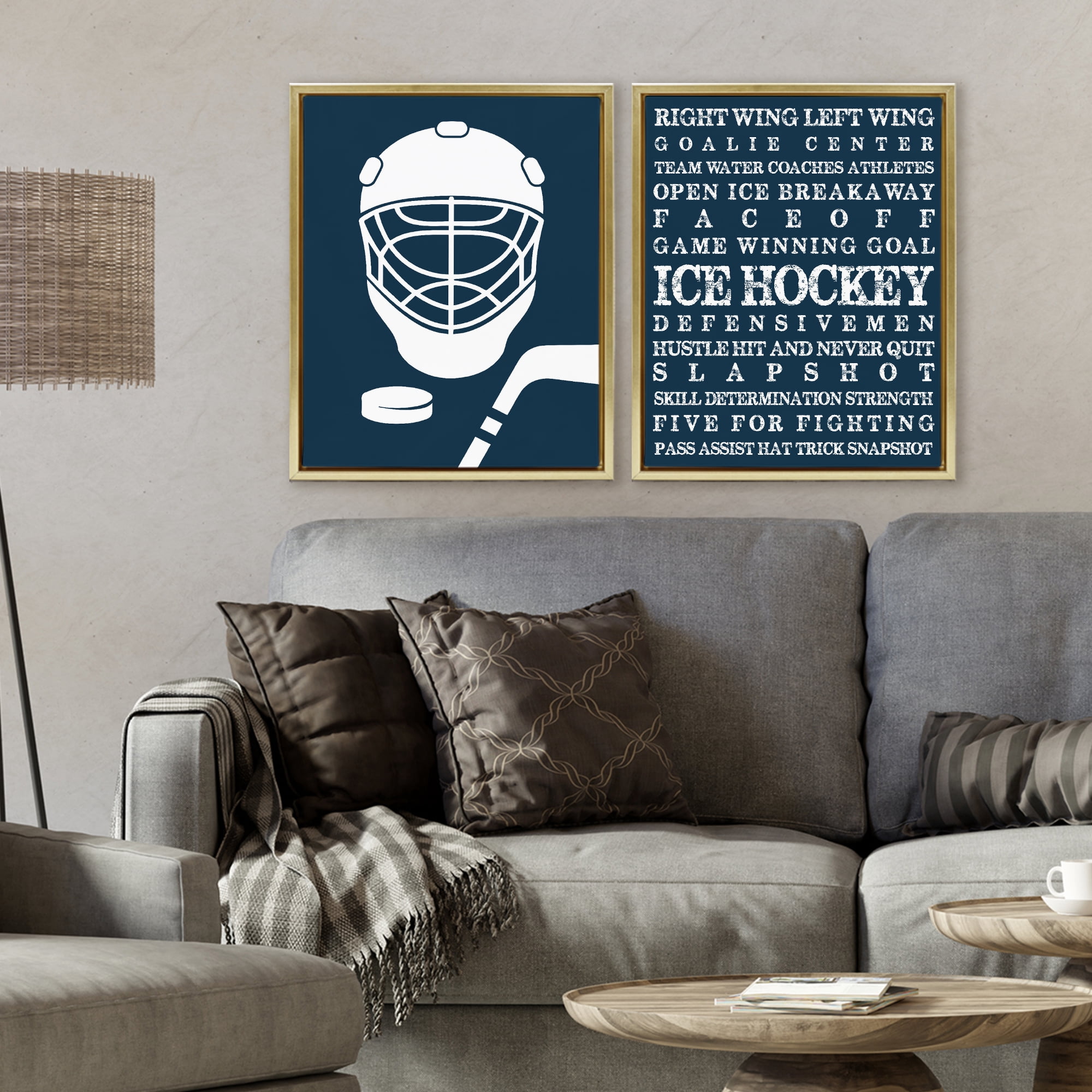 Stupell Industries Hockey Equipment & Phrases 2 Piece Gold Framed Floater Canvas Set, design by Melody Hogan