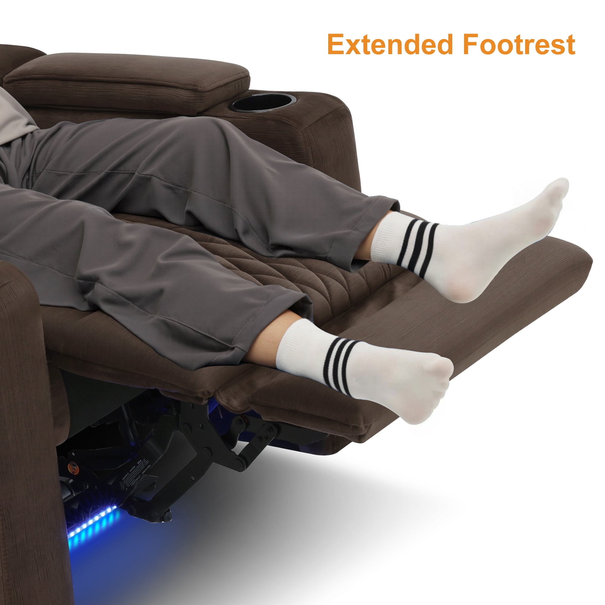 MCombo Power Recliner Chair with Power Headrest, LED Light, Armrest Storage for Living Room & Home Theater, Velvet, Brown