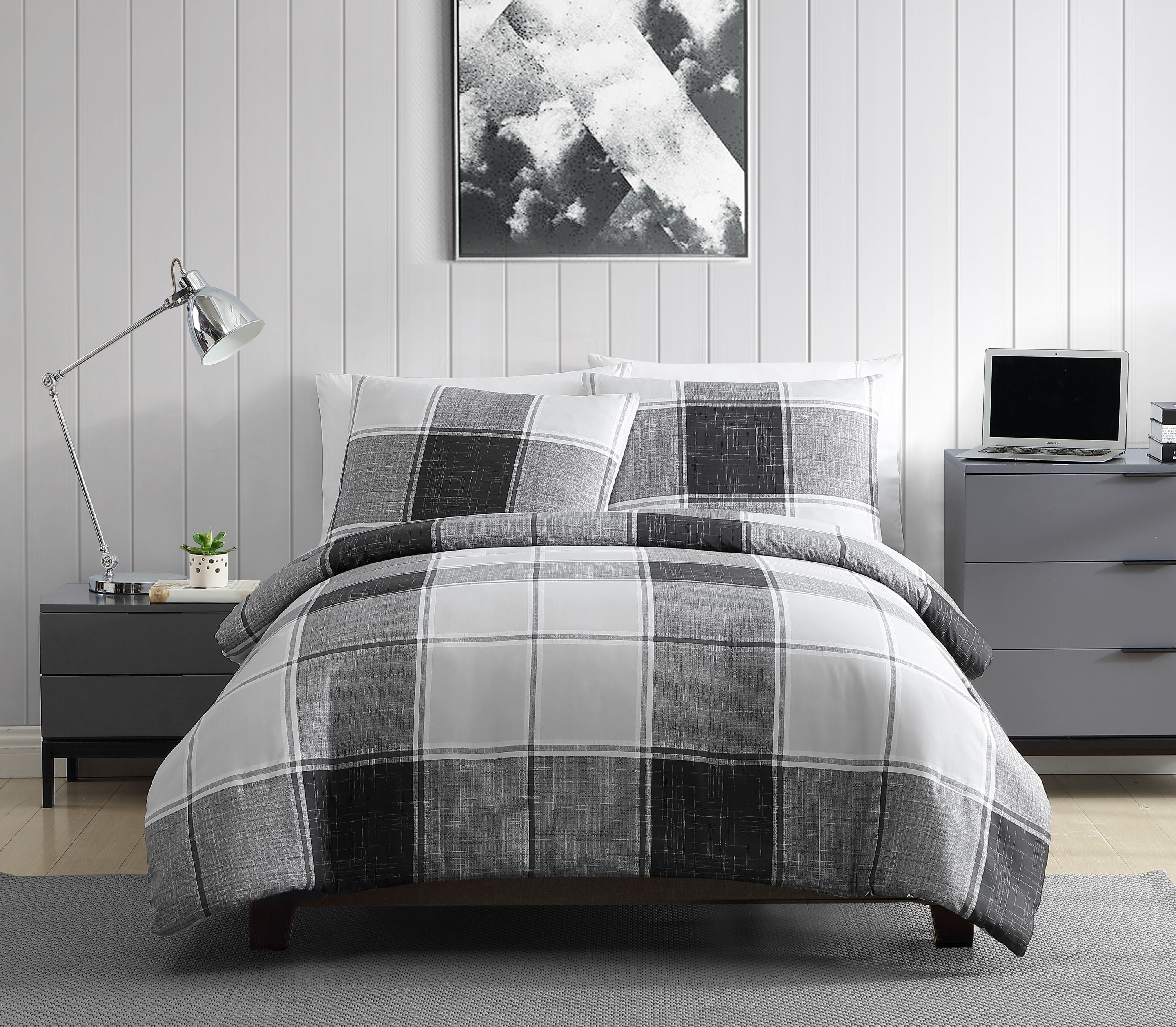 Vcny Home Brent Grey Plaid Duvet Cover Set King Neutral Walmart Com Walmart Com