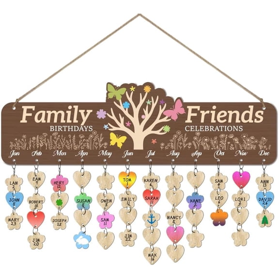 1 Set Wooden Family Friends Birthday Reminder Calendar Plaque Tree Butterfly Wildflowers Pattern Celebrations Board Wall Hanging