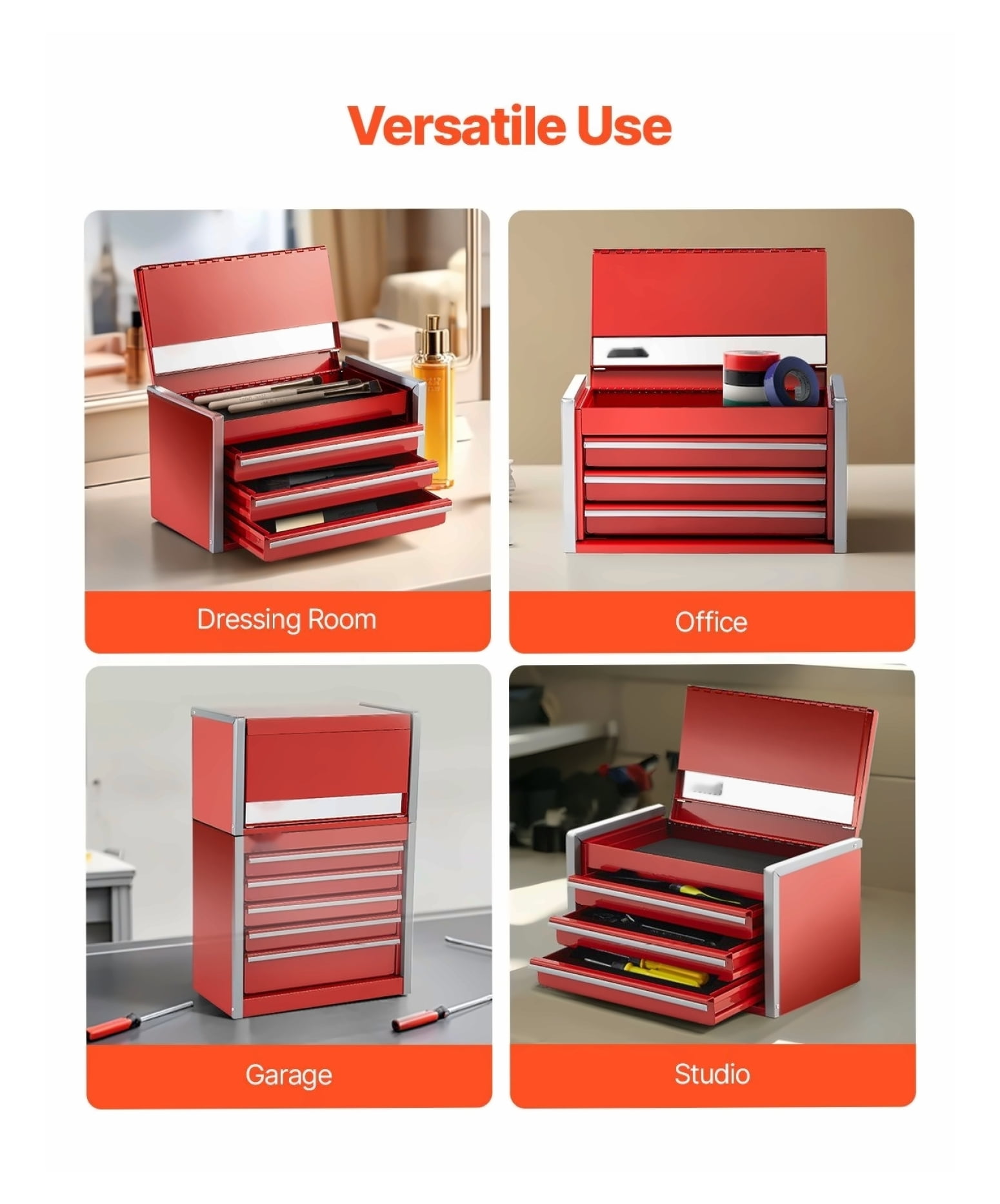 Metal Tool Box 8.6-inch, 3 Drawer Portable Tool Organizer, Small Steel Toolbox with Lock, Red