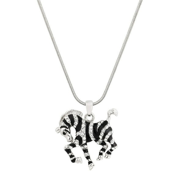 Zebra Pendant Necklace Rhinestone Crystal Rhodium Plated 17 Inch Snake Chain J1187