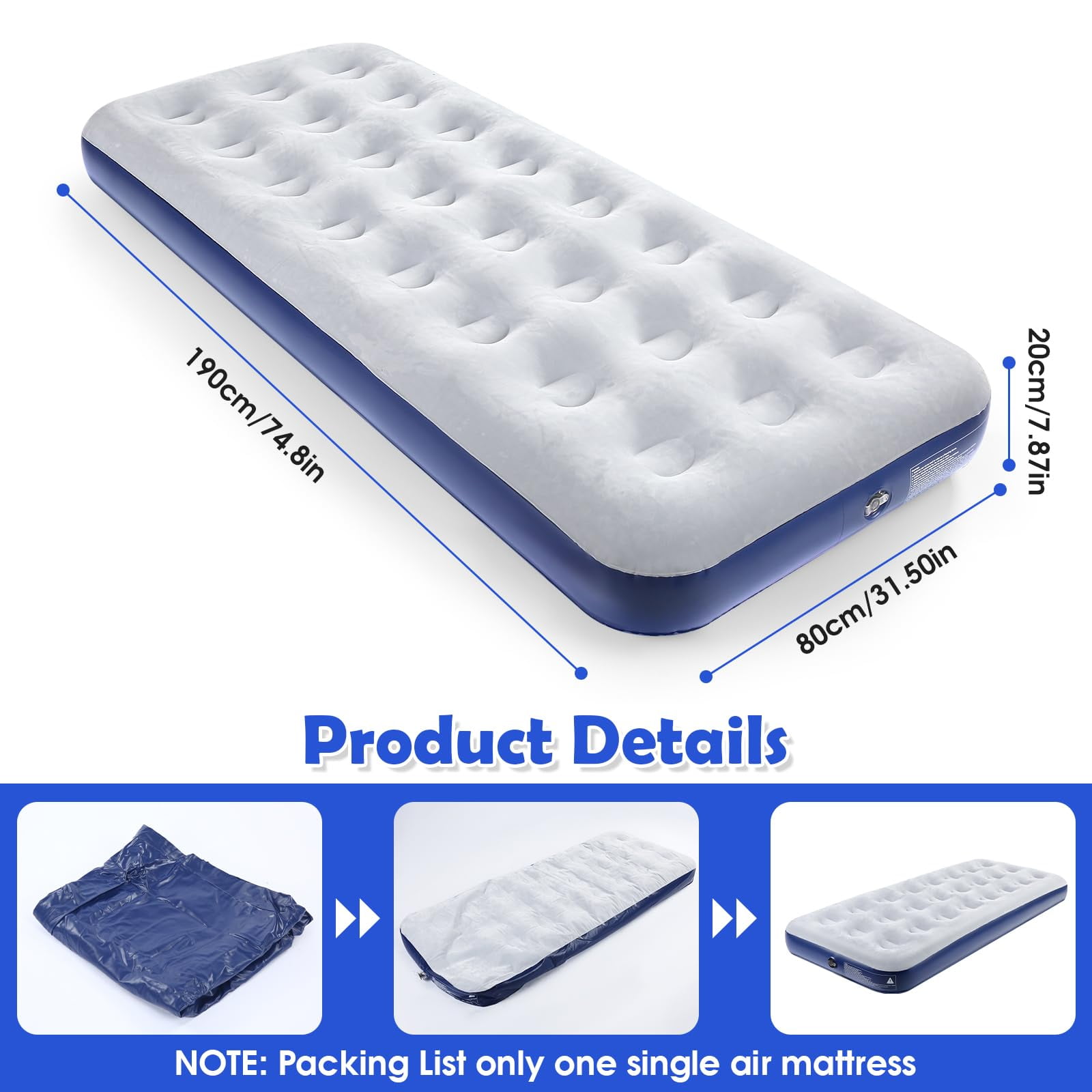 QDH Camping Air Mattress Inflatable Air Bed Flocked Surface Travel Bed Sleeping Pad Air Bed for Outdoor Camping Tent Guest Travelling