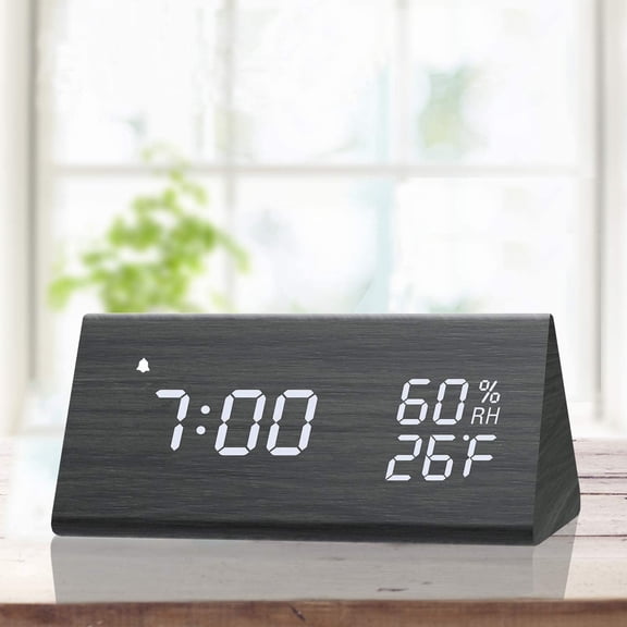 Windfall Digital Alarm Clock with Wooden Electronic LED Time Display 3 Alarm Settings Humidity Temperature Detect Wood Made Electric Clocks for Bedroom Bedside