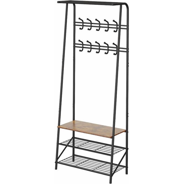 Ourlova Double row Coat Rack Shoe Bench Organizer w/ 5/10 Hooks, 4 in 1 Entry Hallway Coat Rack w/ Storage Function, Metal Frame Hallway Organizer, Wood Look Decorative Furniture for