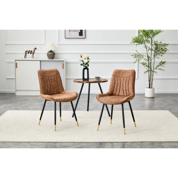 Set of 2 Brown Tech Fabric Upholstered Dining Chairs with Black Metal Legs,Gold-Trimmed Non-Slip Feet,High Back Vertical Stitching for Kitchen or Dining Room,Easy Clean Space-Saving
