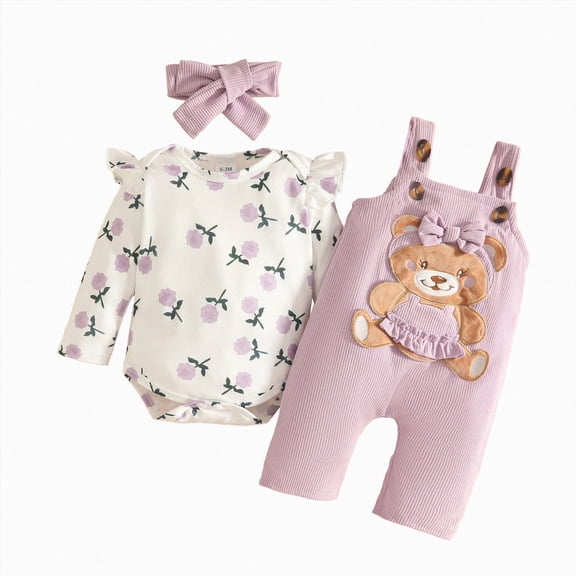 masbird Infant Baby Girl Clothes Long Sleeve Ruffle Romper Pants Headband Set 3Pcs Newborn Fall Winter Outfits,Light Purple,3-6 M