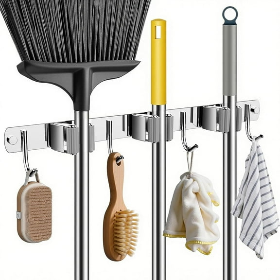 3 Racks and 4 Hooks Mop and Broom Holder Wall Mount, Stainless Steel Utility Hooks, Self Adhesive Wall Hangers Heavy Duty Laundry Organizer Tool Rack for Home, Garage, Garden, Kitchen