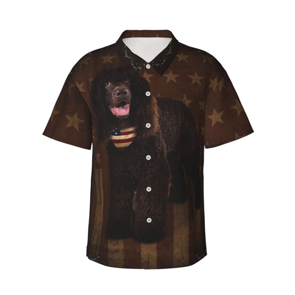 Irish Water Spaniel Dog With Vintage American Flag Men's 3d Print Casual Button Down Shirts, Novelty Hawaiian Short Sleeves 2xl