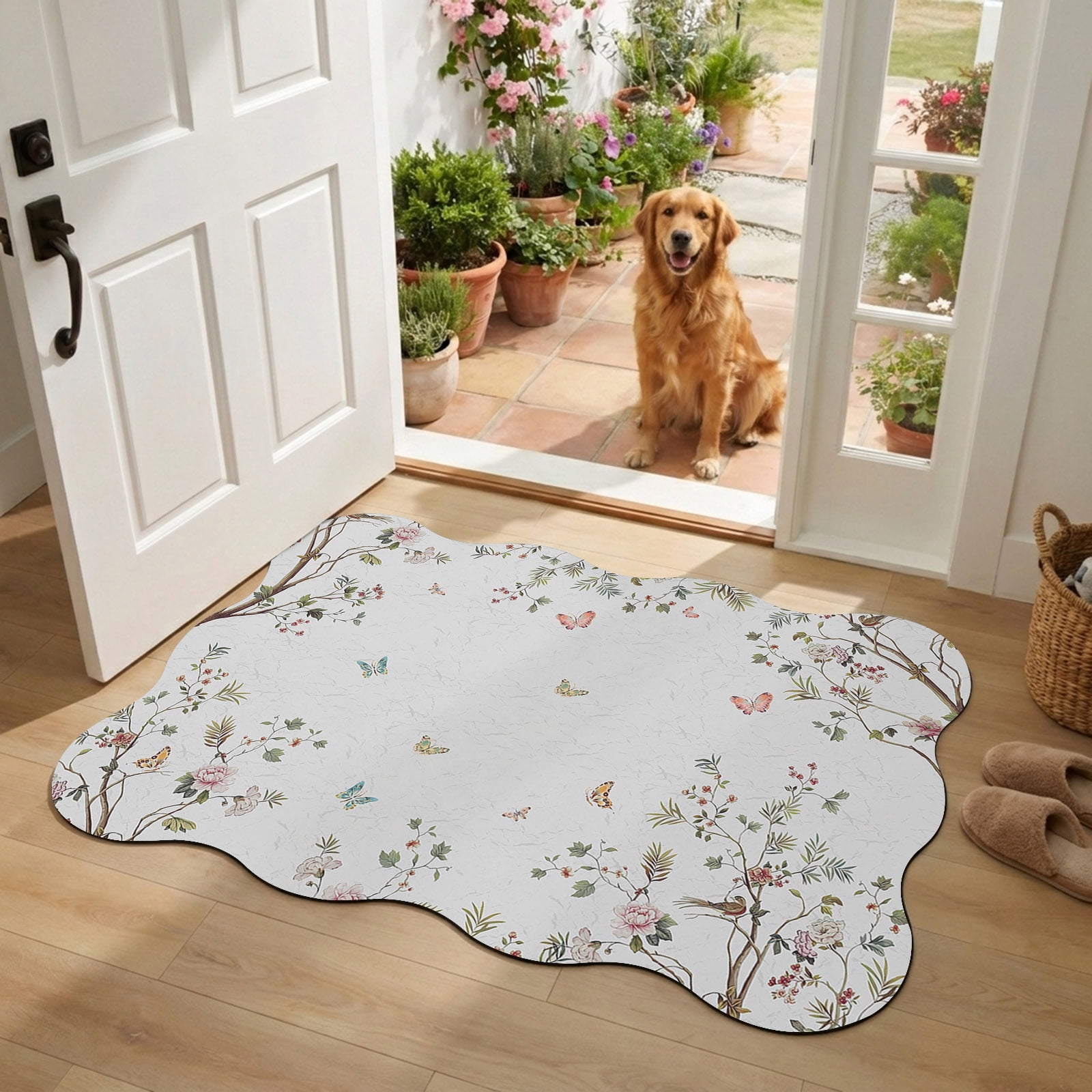 Front Door Mat Outside Entrance 18 x30 Vintage Botanical Absorbent & Non-Slip Scalloped Doormat Indoor Entrance Low-Profile Welcome Mat for Entryway Patio Spring Floral Botterfly Summer Flower