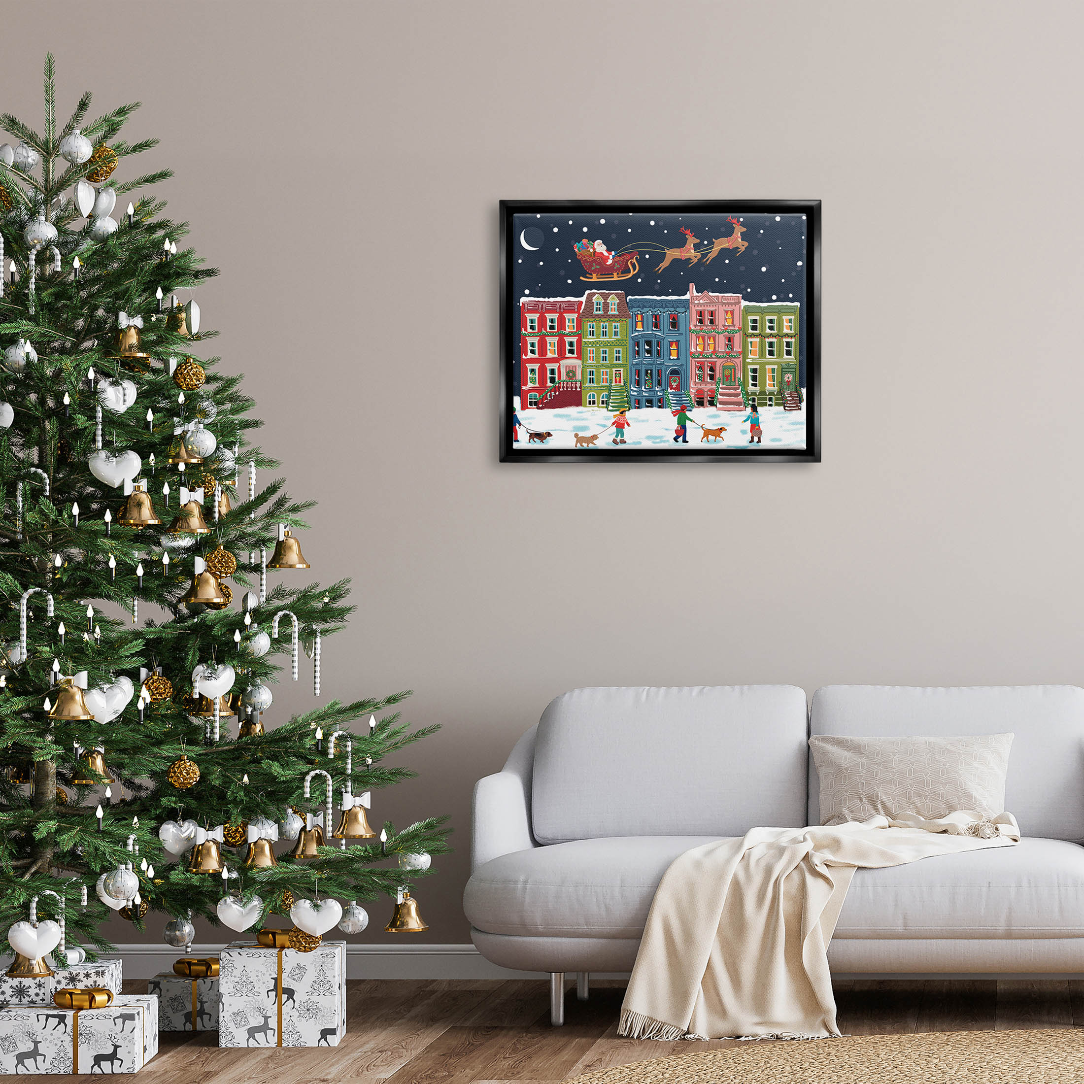 Snowy Christmas Town Santa Overhead Holiday Graphic Art Jet Black Framed Art Print Wall Art
