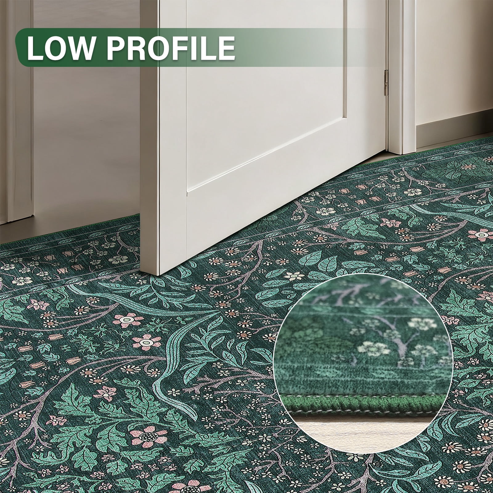 PLEASOR 8'x10' Area Rug for Living Room, Green Washable Area Rugs with Non-Slip Backing, Boho Floral Vintage Carpets Low Pile for Dining Room, Bedroom, Home Office, Indoor, Nursery, Apartment