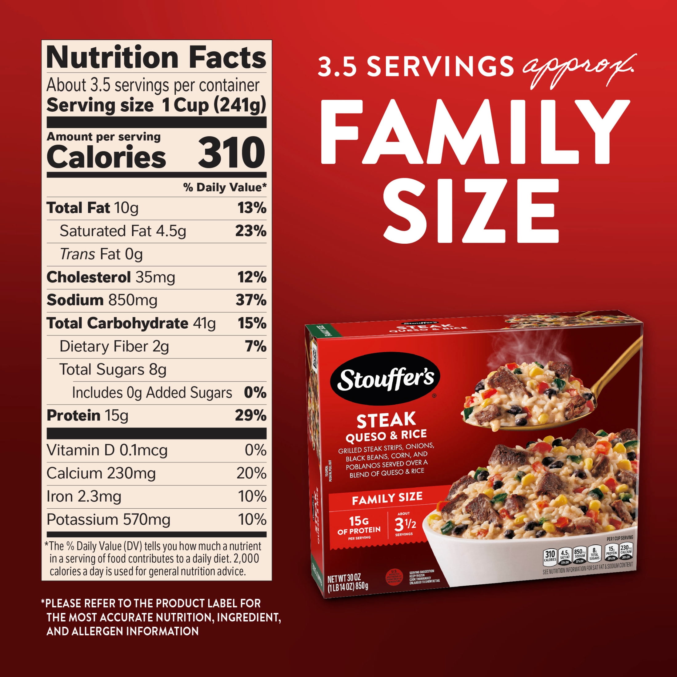 Stouffer’s Steak Queso & Rice, Family Size, Frozen Dinner, Easy Family Frozen Dinners 30 oz