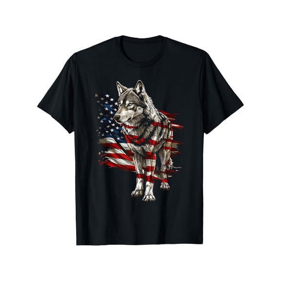 Wolf Outfit Patriotic Wolves 4th Of July USA American Flag T-Shirt, Suitable for unisex personality casual round neck outdoor short-sleeved t-shirt, slightly elastic, 100% cotton, S-XXXL