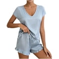 thumbnail image 2 of Nmnitkp Women's Modal V Neck Ruffle Shorts Set, Soft Breathable Sleeveless Loungewear, Lightweight Comfy Pajama Two Piece Set for Summer Light Blue,L, 2 of 5