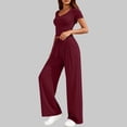 thumbnail image 5 of 2 Piece Sets for Women Ribbed Slim V Neck Crop Tops Matching Straight Leg Ruched Pants Summer Vacation Outfits, 5 of 8