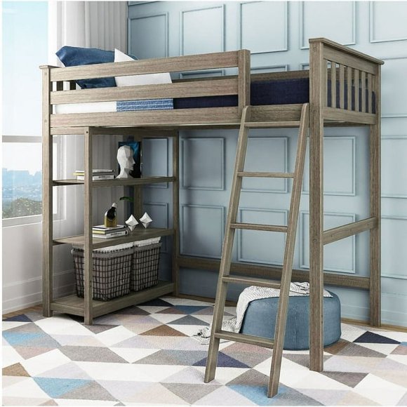 Max & Lily High Loft Bed, Twin Bed Frame For Kids With Bookcase and Ladder, Clay
