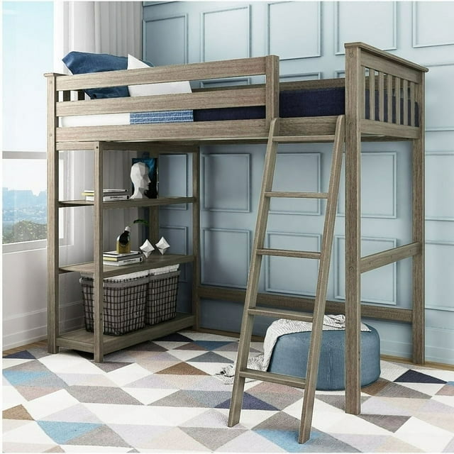 Max & Lily High Loft Bed, Twin Bed Frame For Kids With Bookcase and Ladder, Clay