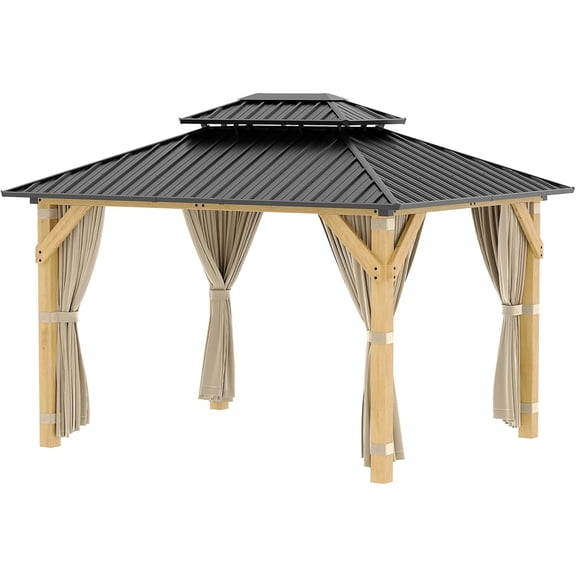 Garvee Heavy Duty Hardtop Wooden Gazebo 10x12 FT – Double Aluminum Roof – Sturdy Spruce Frame – Netting & Curtains – Permanent Outdoor Canopy for Patio, Backyard, Lawn, Garden, Wedding Party