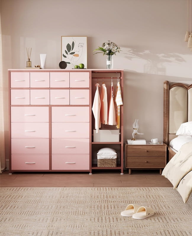 TROPOW Tall Dresser for Bedroom with 16 Drawers & Clothes Rack & 2 Storage Shelves, Fabric Dressers & Chests of Drawers, Large Closet Dresser for Storage and Organization