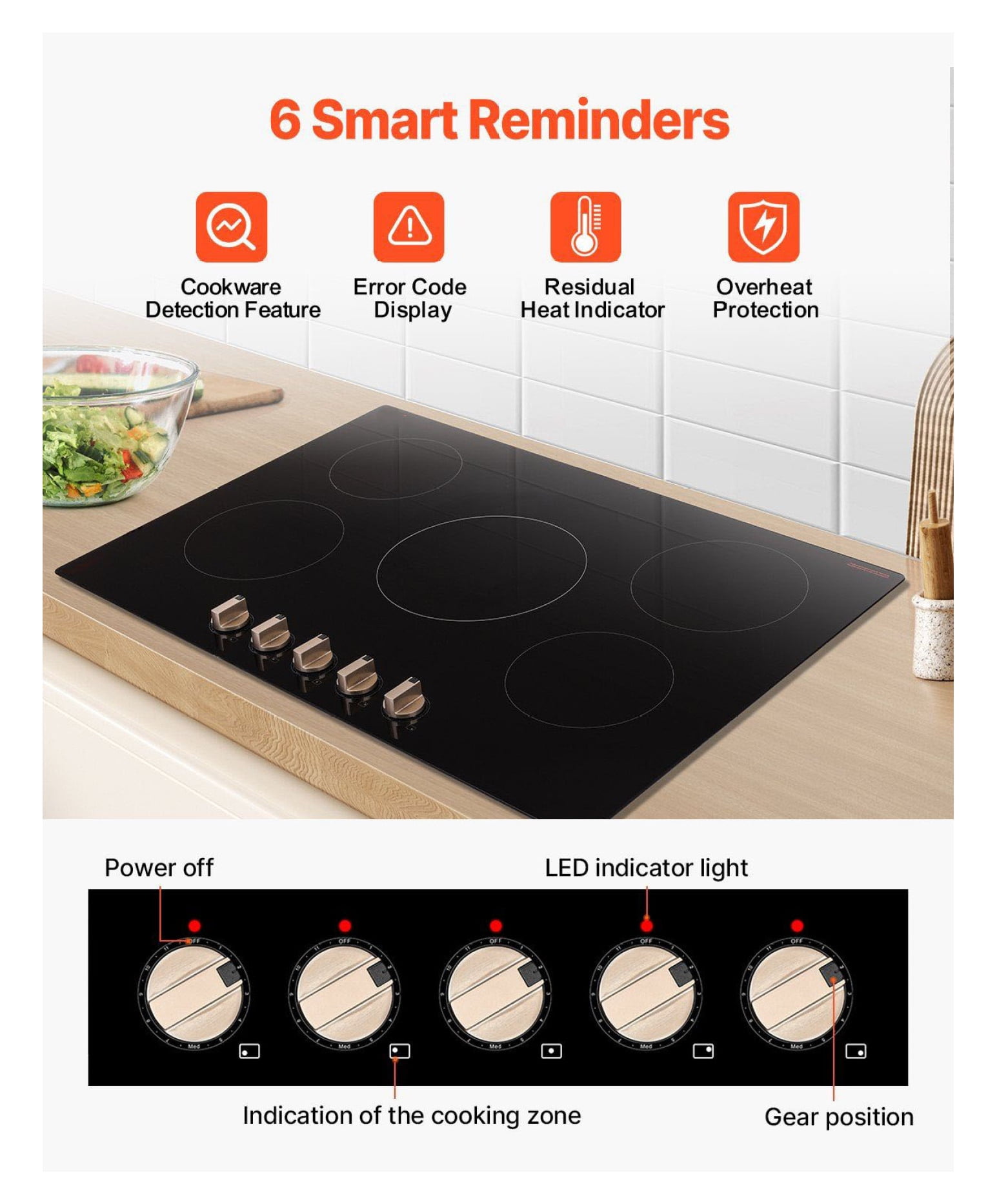 9200W 5 Burner Induction Cooktop - Electric Countertop Cooker with Knob Control, 36 Inch Built-in Cooktop, 12 Power Levels, Microcrystalline Glass Panel