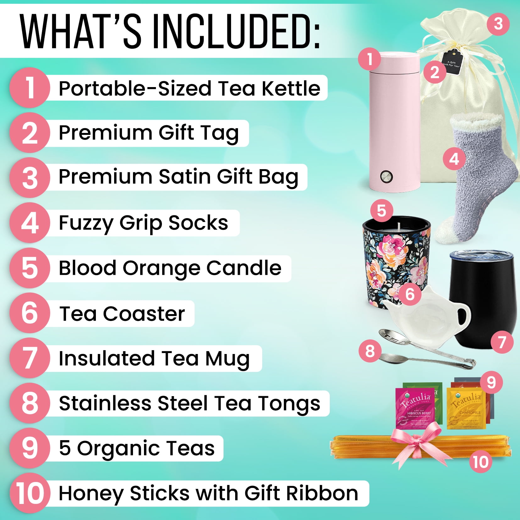 Tea Gift Basket for Women Birthday Gift Set with Portable Kettle and Grippie Socks