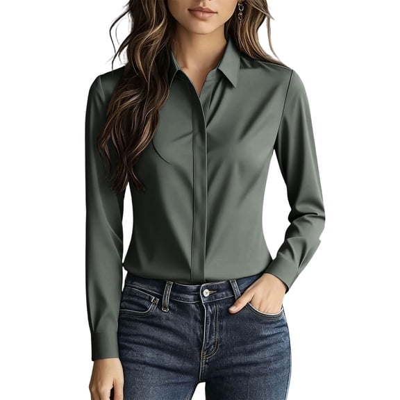 Tqcoqu Women's Long Sleeve Hidden Button Shirt,Classic Collar Solid Business Casual Blouse,Army Green Women's S-XXXL