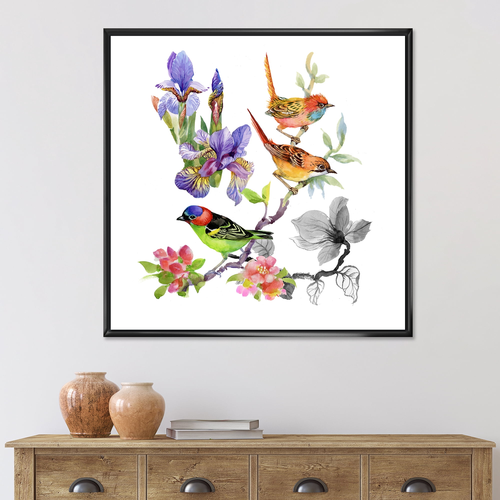 Colourful Birds and Tropical Flowers I 36 in x 36 in Framed Painting Canvas Art Print, by Designart