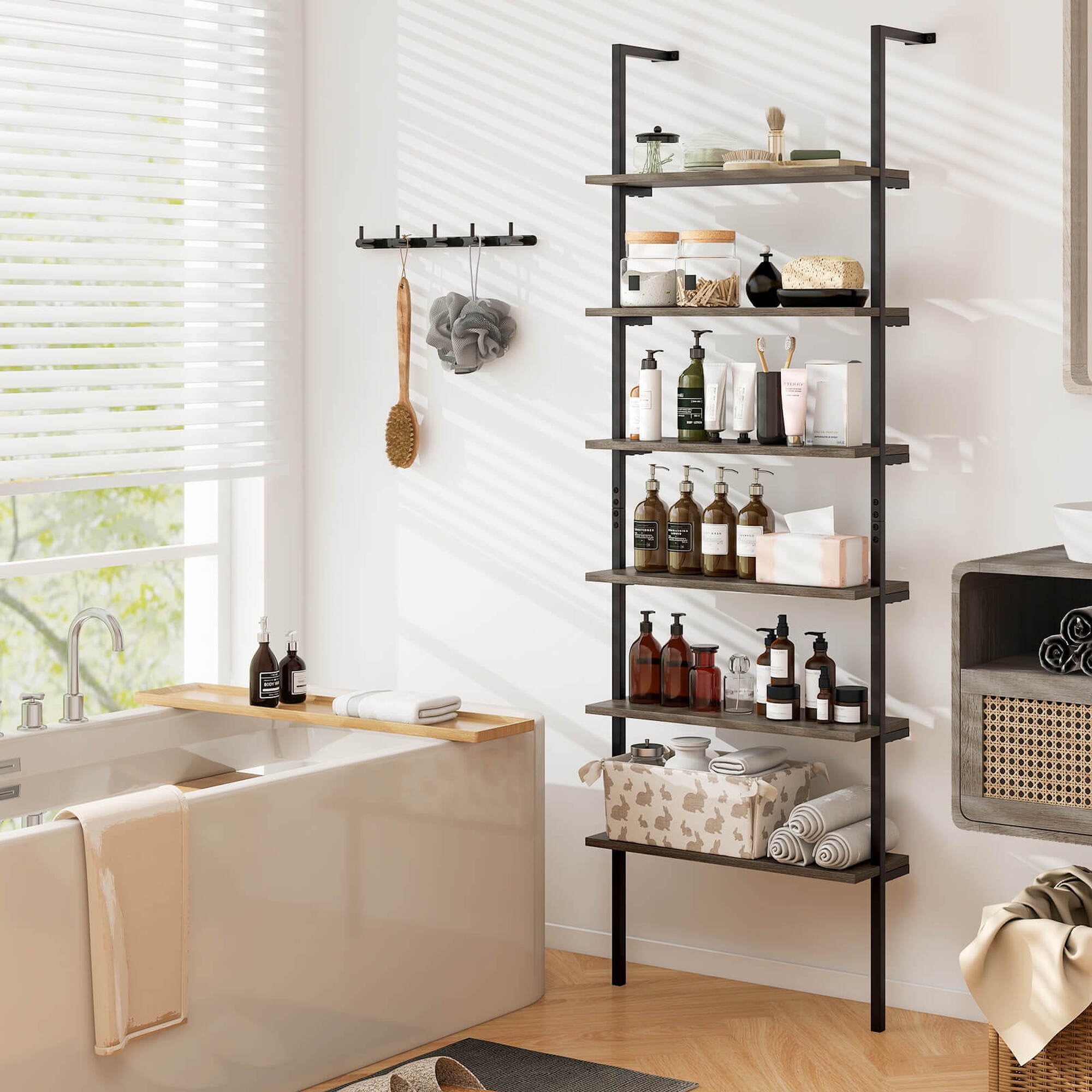 Costway 6-tier Ladder Shelf 72 Inches Industrial Wall Mounted Bookshelf Oak