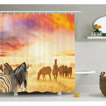 Safari Gold Zebra Safari Decor Shower Curtain Set, African Zebras At Fairy Sunset On The Grassland Wildlife Adventure Theme In The Nature, Bathroom Accessories, 69W X 70L Inches, By Ambesonne ()