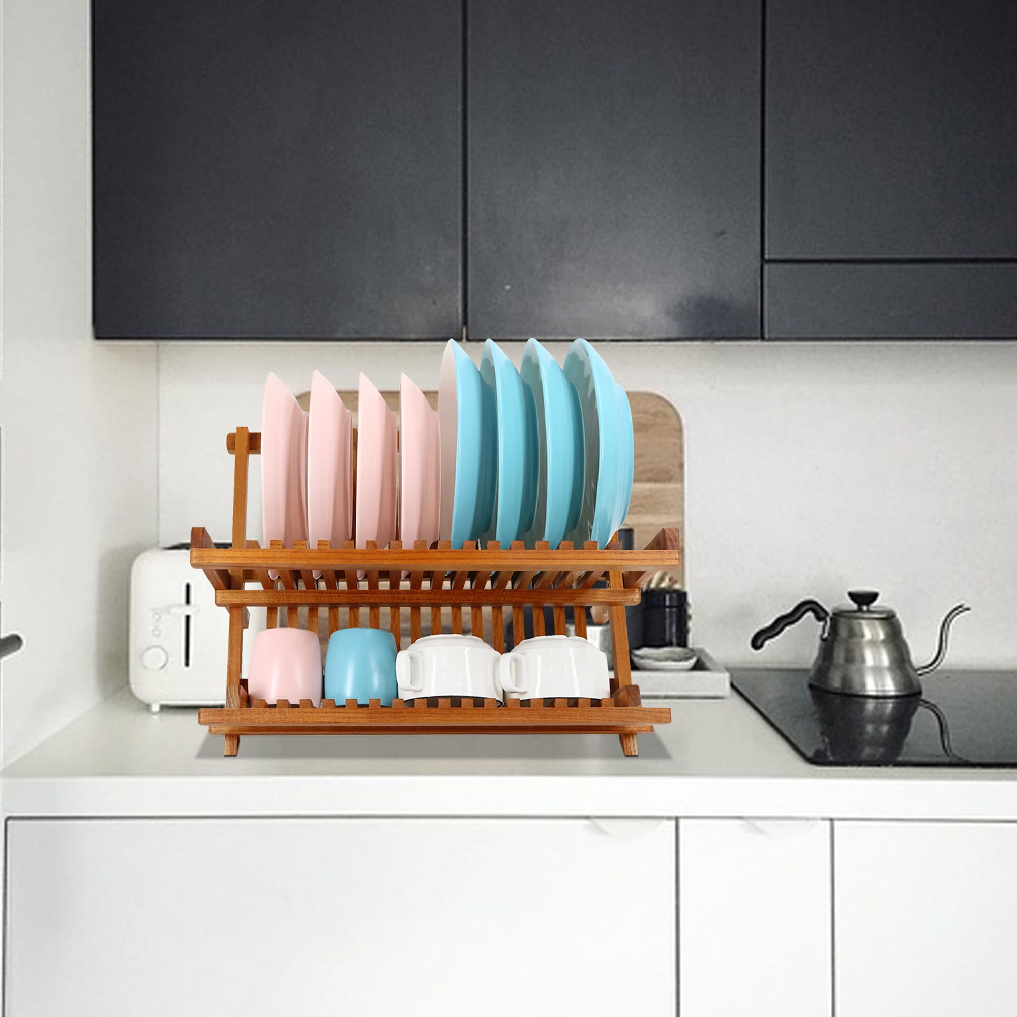 Utoplike Teak Wooden Dish Drainer Rack Collapsible 2 Tier Dish Drying Rack Compact Kitchen Plate Holder Walmart