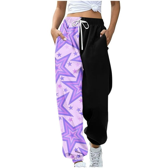 Wyobmus Women's Jogger Pants Fashion Elastic Waisted Drawstring Star Printed Sweatpants Athletic Clothes With Pockets A-Black