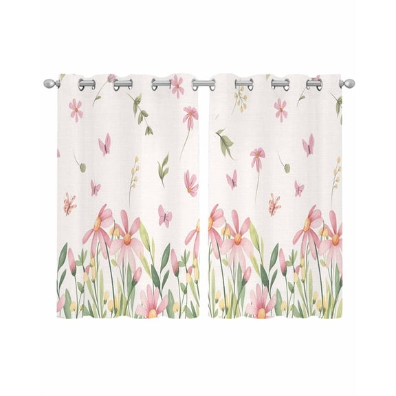 Pink Spring Floral Sheer Curtains 45 Inch Length 2 Panels Set for Living Room/Bedroom, Pastoral Flowers Farmhouse Rustic Kitchen Curtains Grommet Semi-Sheer Curtains Window Treatments 42"x45"x2
