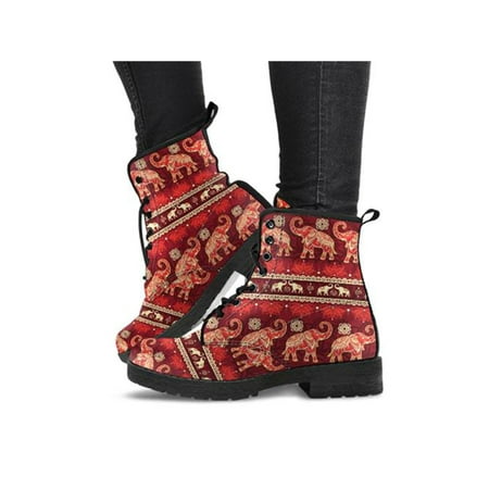 

Ymiytan Women Leather Boot Floral Short Bootie Vintage Ankle Boots Work Booties Waterproof Lace Up Red 7.5