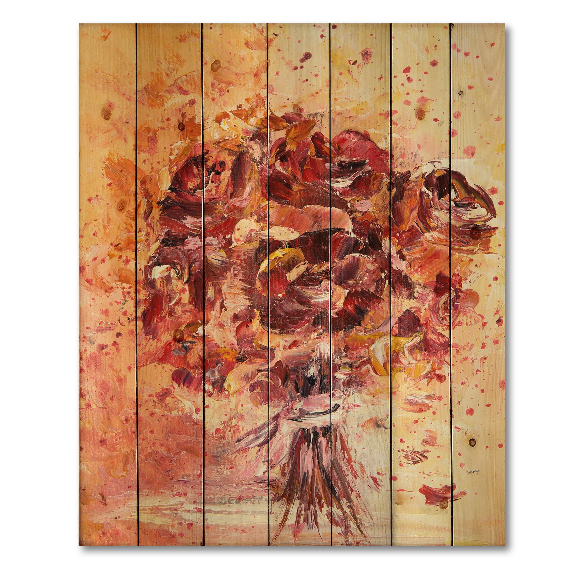 Designart 'Ancient Red Fresh Flowers Bouquet' Traditional Print on Natural Pine Wood